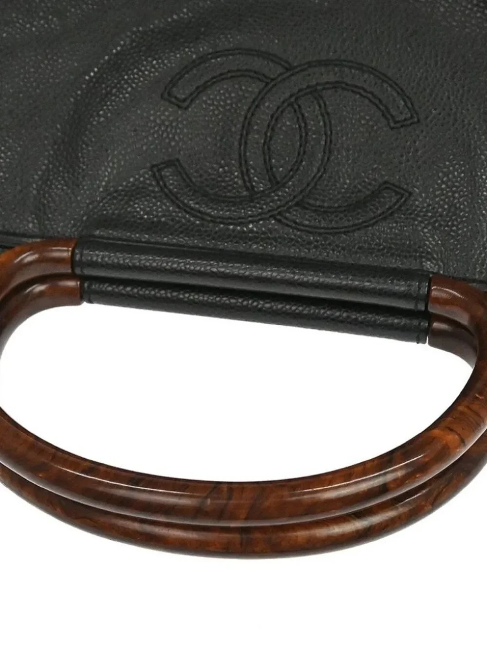 Chanel Black Calfskin Wood Handle Handbag